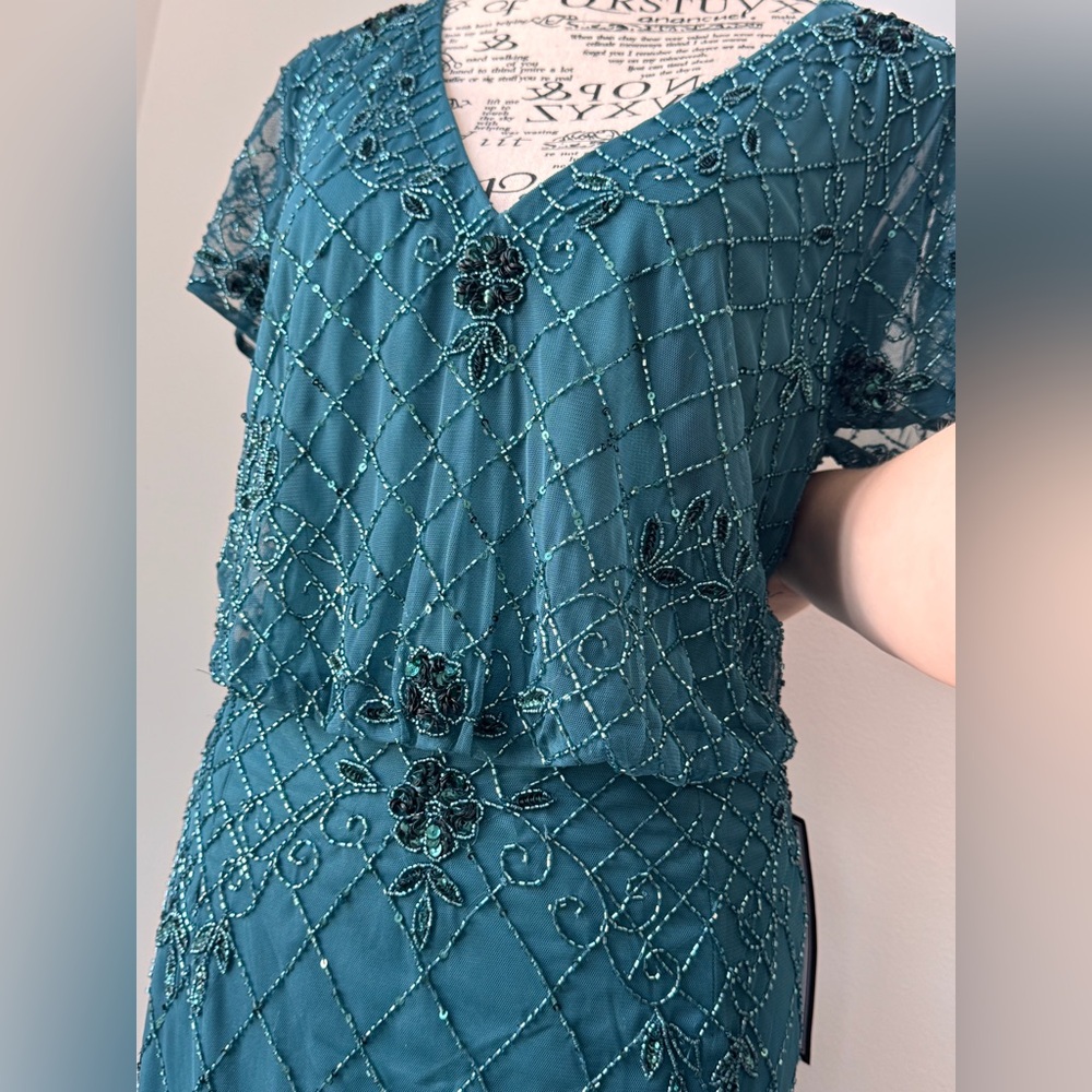 Adrianna papell deep azure bead blouson long dress w/ cap sleeves & fully lined